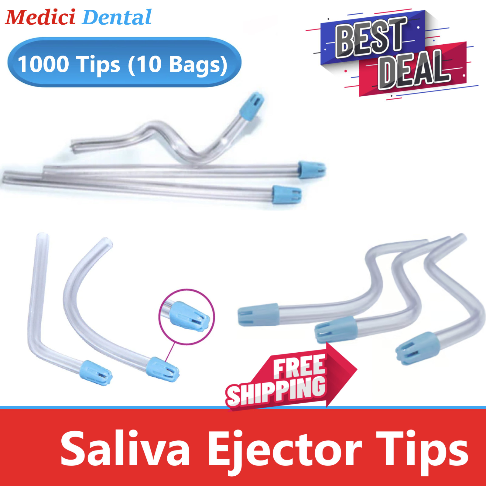 1000 (10 Bags) Saliva Ejectors Ejector CLEAR/BLUE Dental Suction Tips Disposable