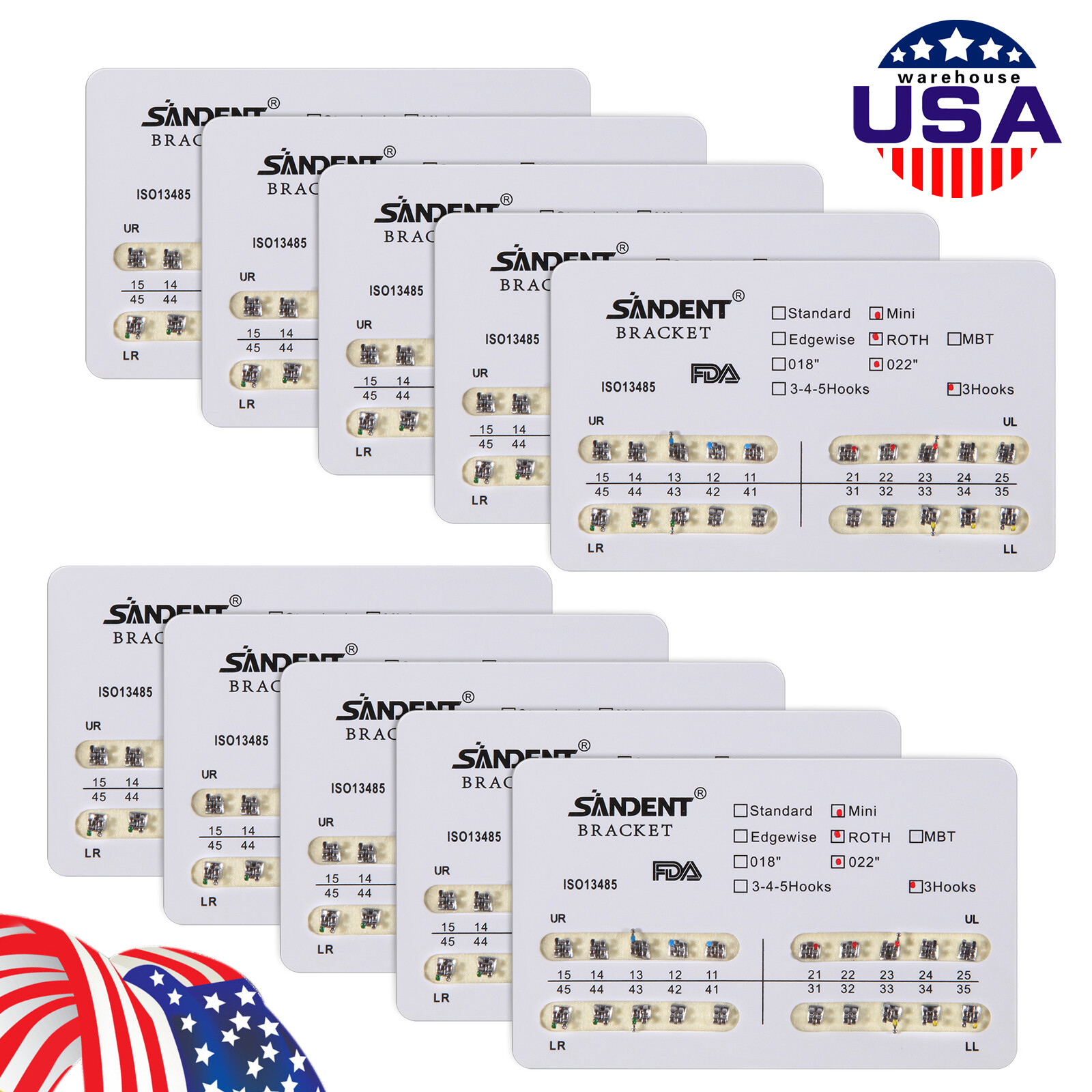 10 packs USA Dental Orthodontic Metal Bracket Braces Mini Roth 022 Slot 3 Hooks