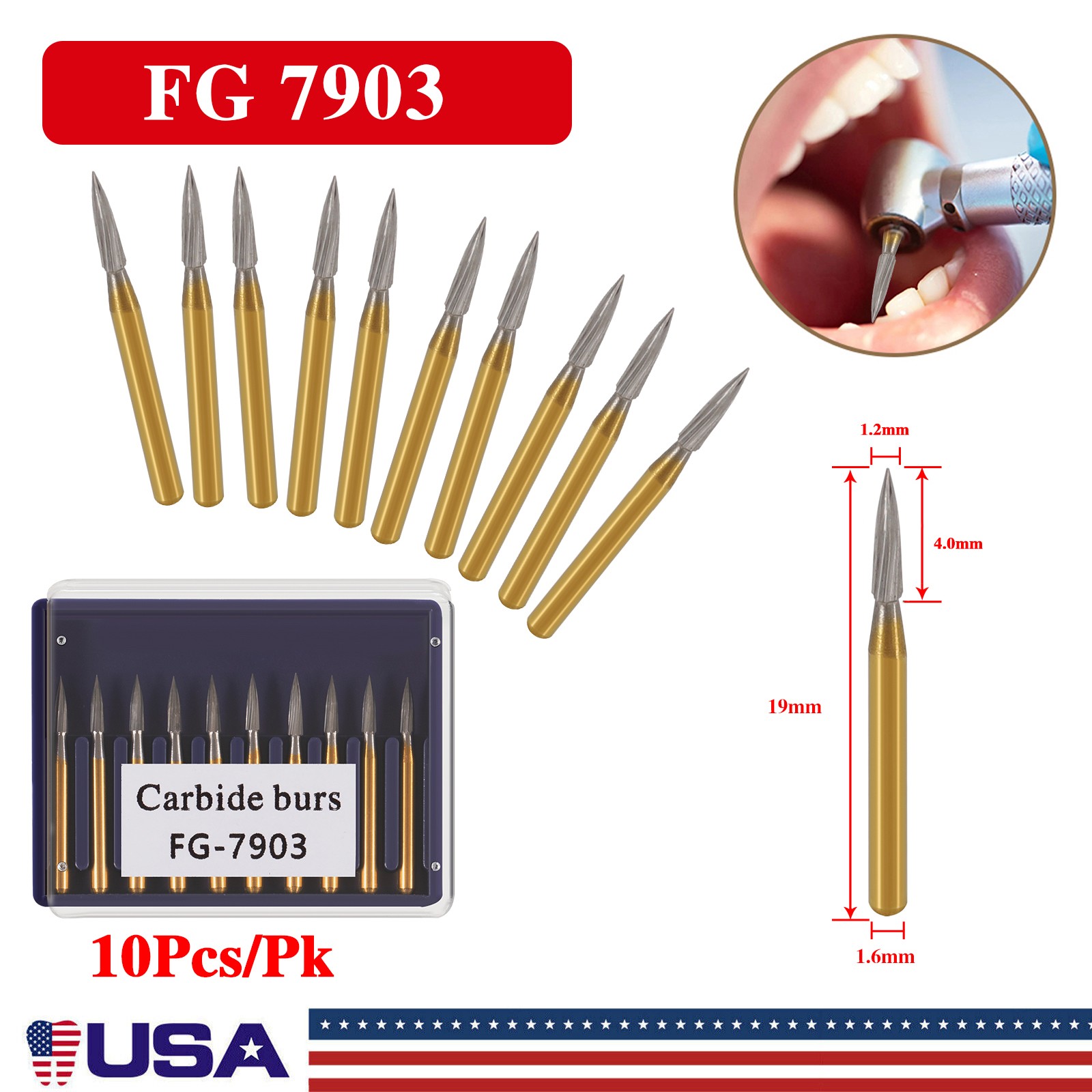 10 Pcs Dental Tungsten Steel Carbide Burs FG-7903 for High Speed Handpiece Gold