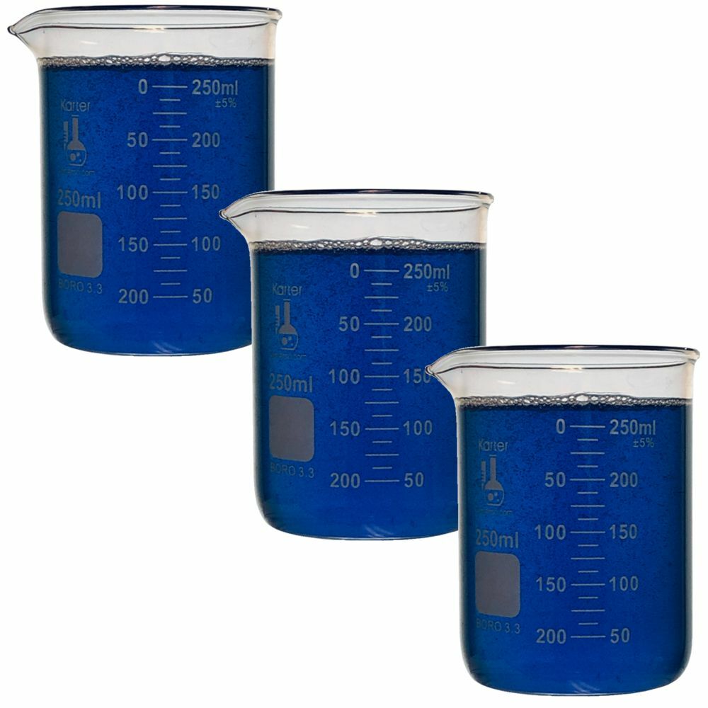 250ml Glass Beaker, Low Form, Graduated, Karter Scientific 213D44 (Pack of 3)
