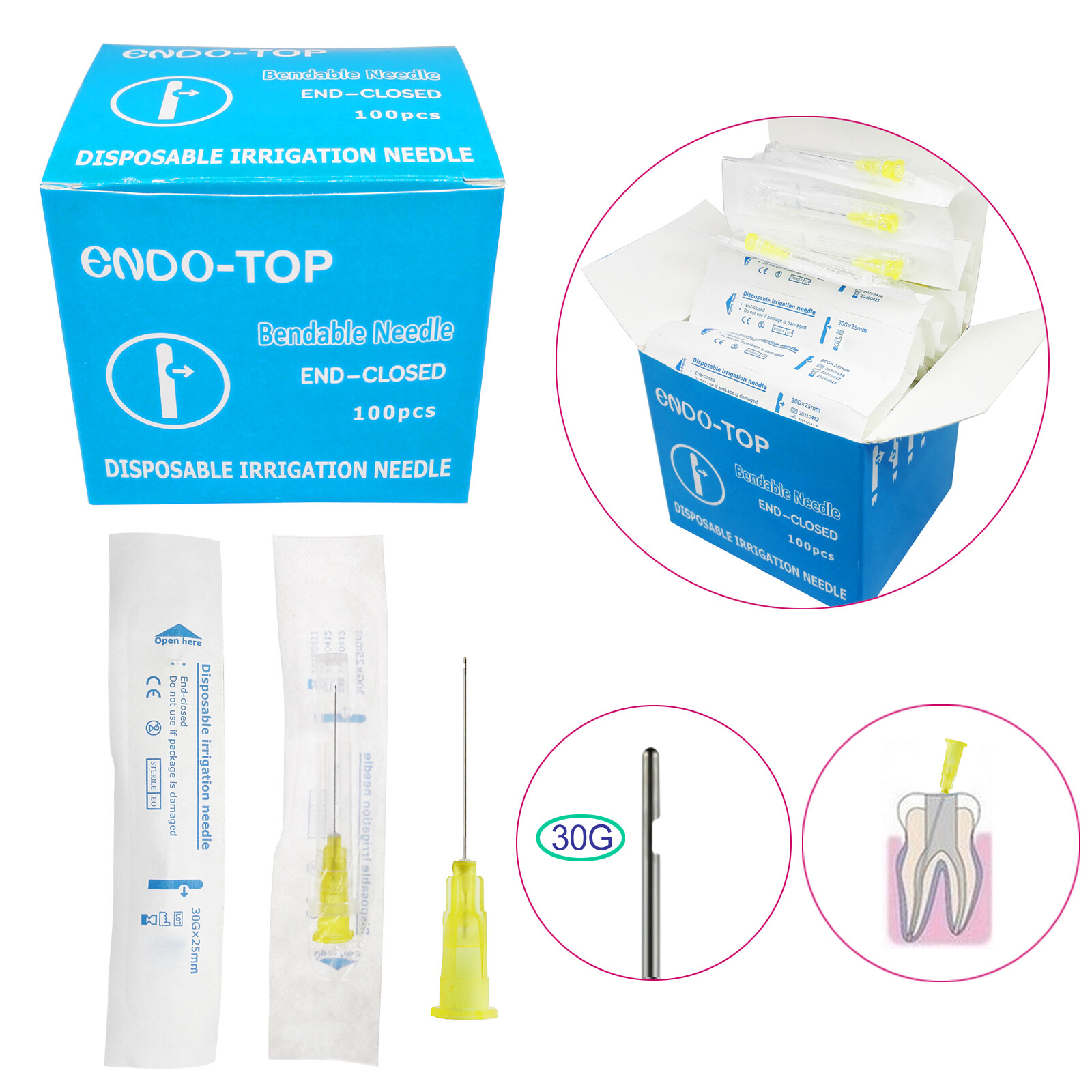 100 Pcs Dental Endo Irrigation tip end-closed side hole 30Ga Sterile Packaging