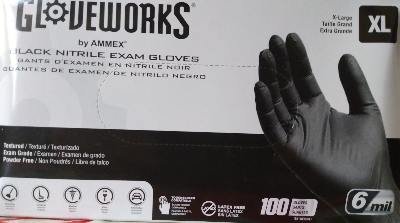 Gloveworks By Ammex, Black nitrile Exam Gloves, 6 Mil, Size XL, GWBEN48100