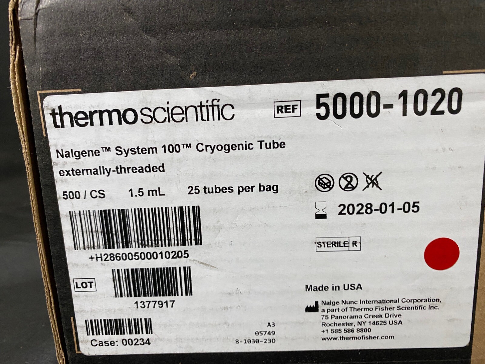 NALGENE 1.5mL General Long-Term Storage Cryogenic Tubes Sterile 5000-1020 500/cs