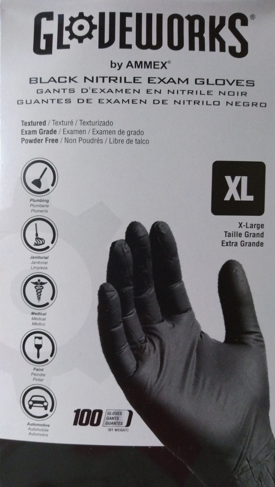 Gloveworks By Ammex, Black nitrile Exam Gloves, 6 Mil, Size XL, GWBEN48100
