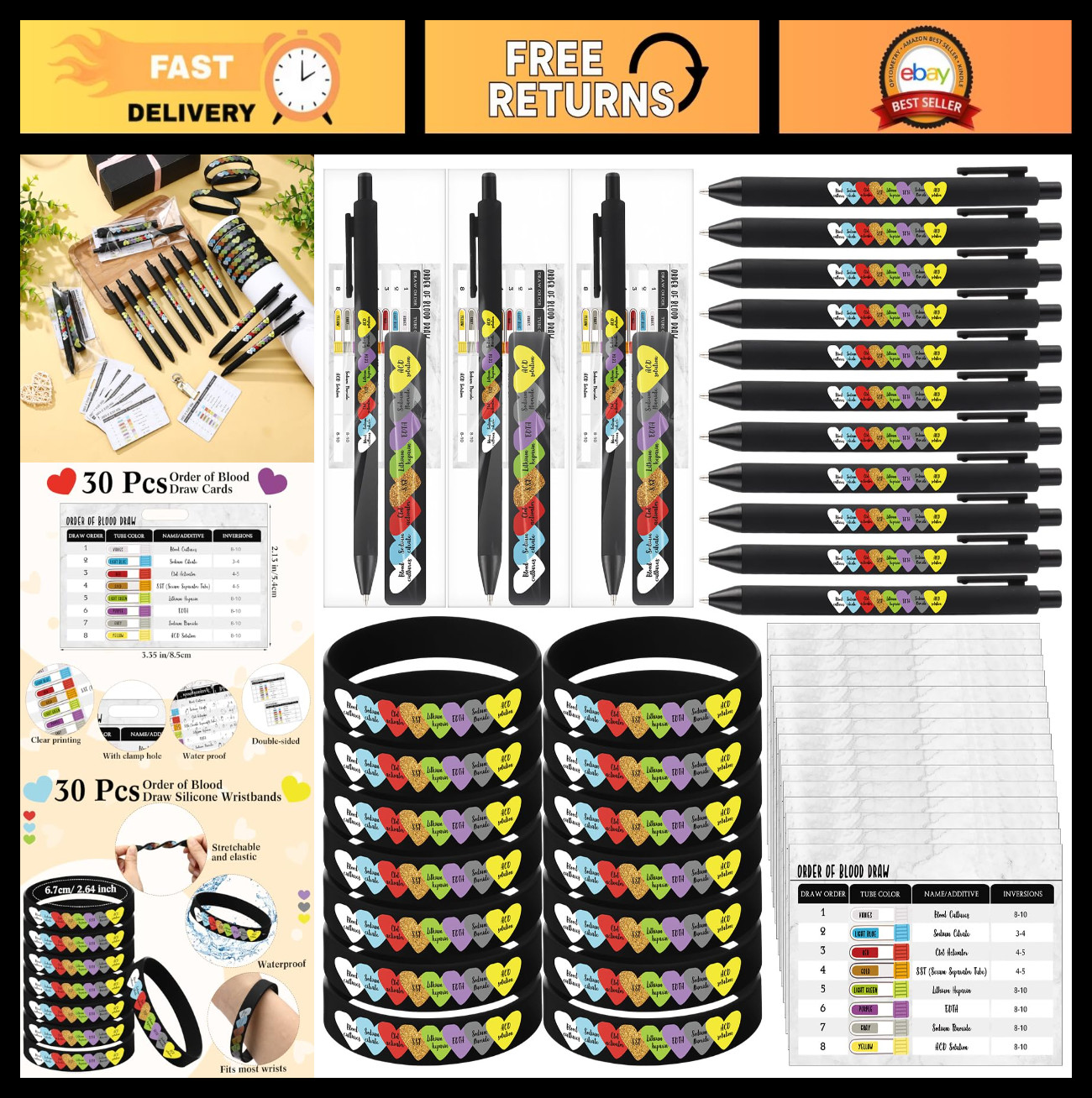 30 Sets Phlebotomy Gifts – Blood Draw Reference Cards, Silicone Bracelets & Pens