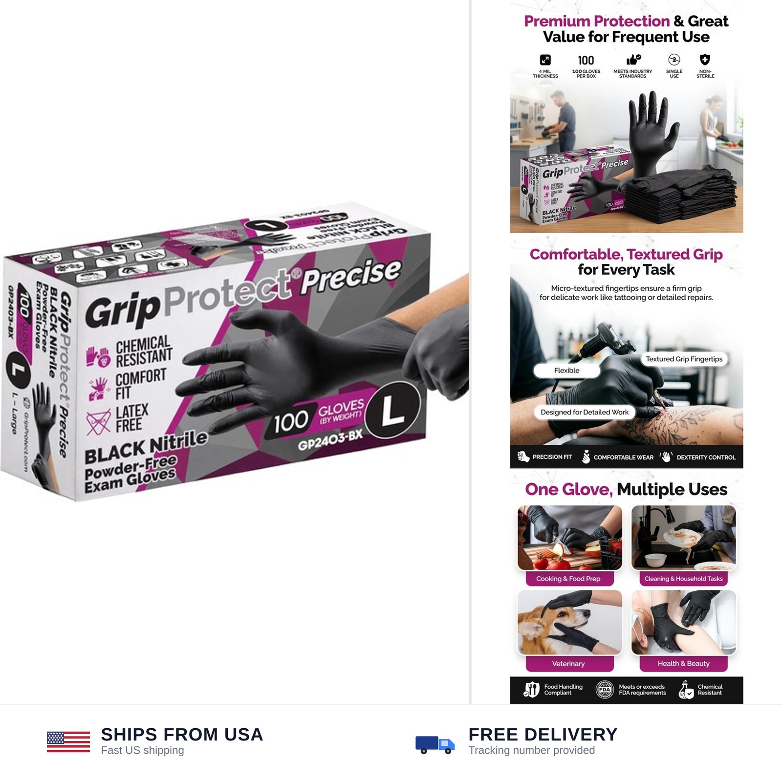 GripProtect Precise Black Nitrile Gloves 4 Mil – Chemical Resistant Nitrile G…