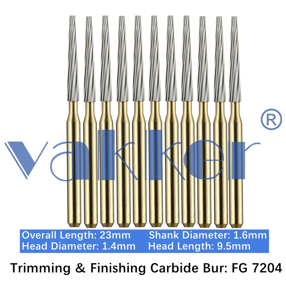 10-100pcs Vakker Dental Trimming Finishing Carbide Burs Gold Taper Cone FG 7204