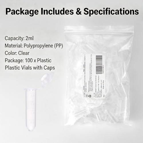 Plastic Vials 2ml with Caps 100 Pack Sample Storage Containers Leak Proof