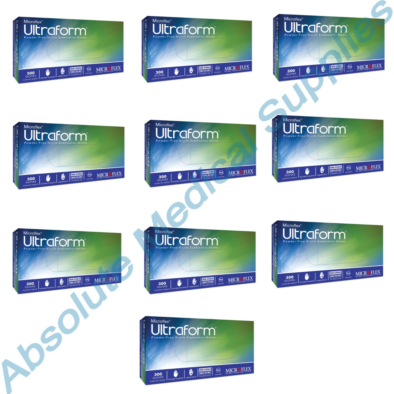 *10-Boxes* MicroFlex UltraForm Powder-Free Nitrile 300 Gloves Medium UF-524-M