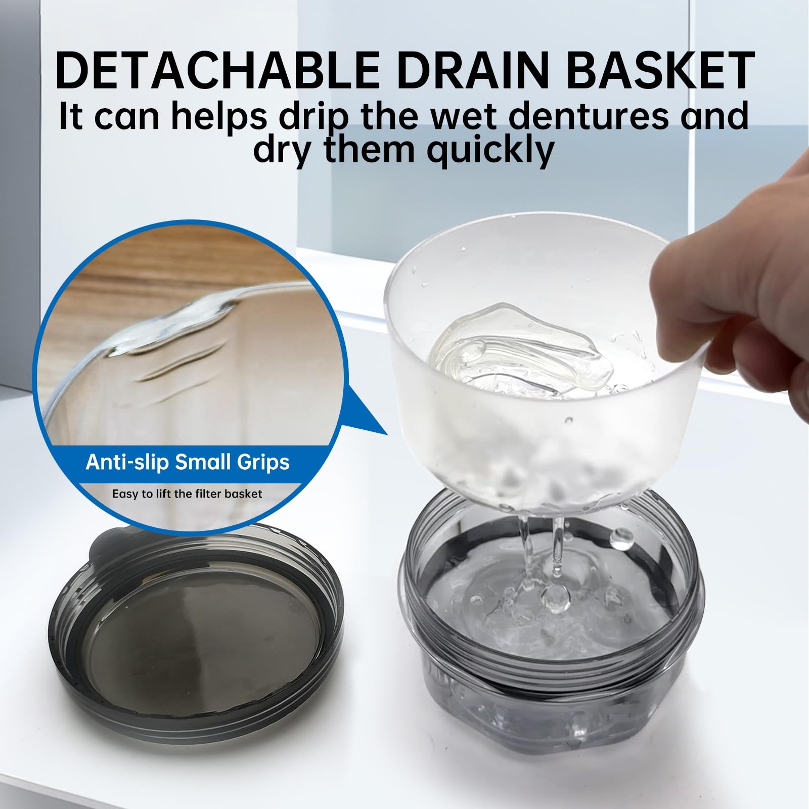 Leak Proof Denture Cups for Soaking Dentures with Strainer Transparent Black