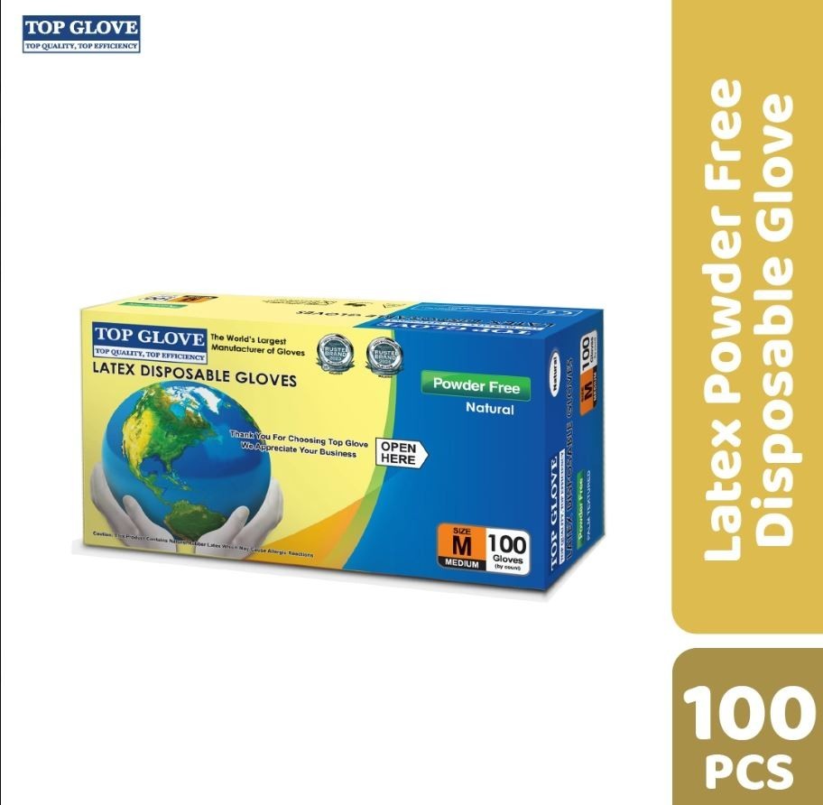Top Glove Latex Disposable Powder Free Glove, Natural Color |100 Pcs Per Box|
