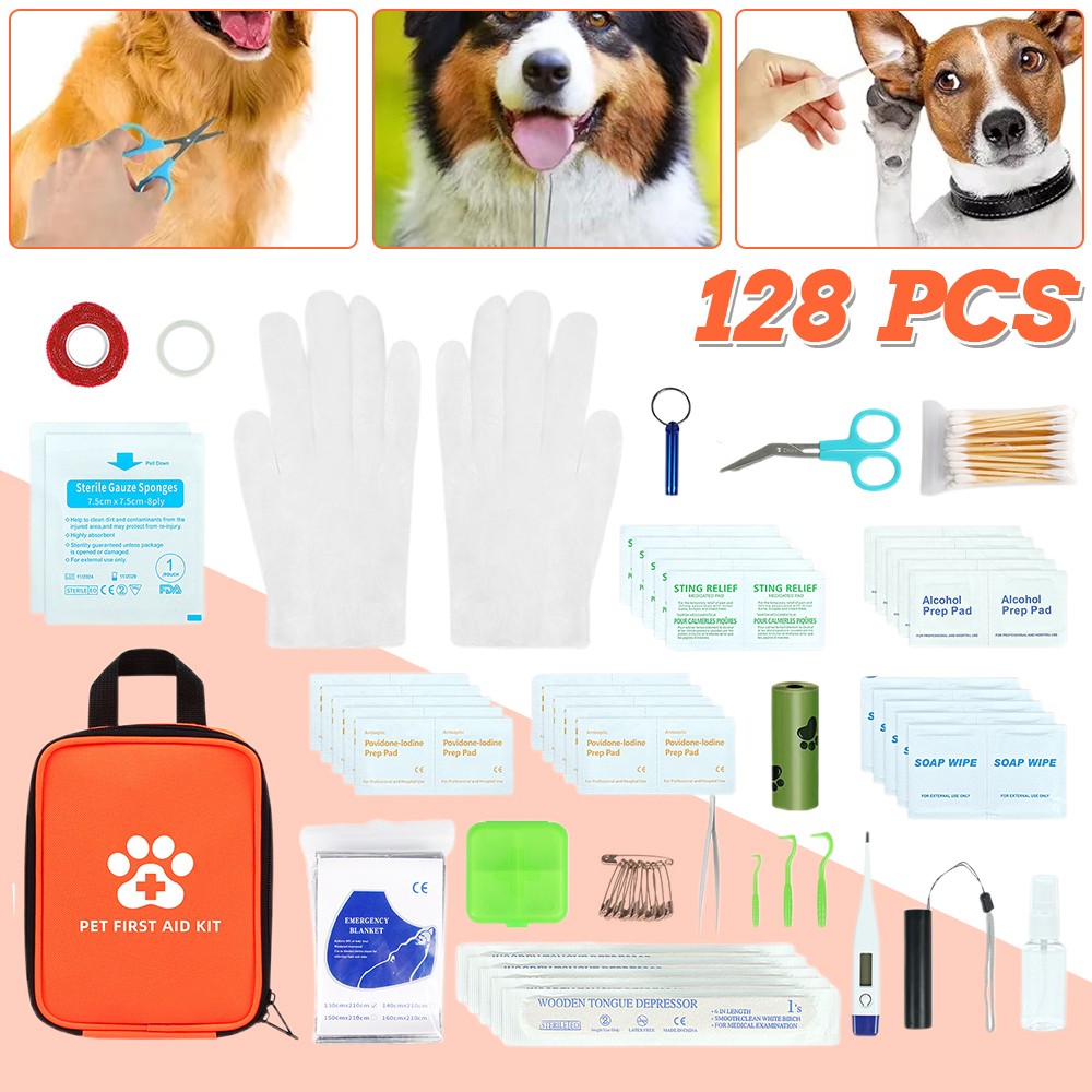 128 Pcs Pet First Aid Kit Emergency Medical Supplies for Pet Outdoor Care APV