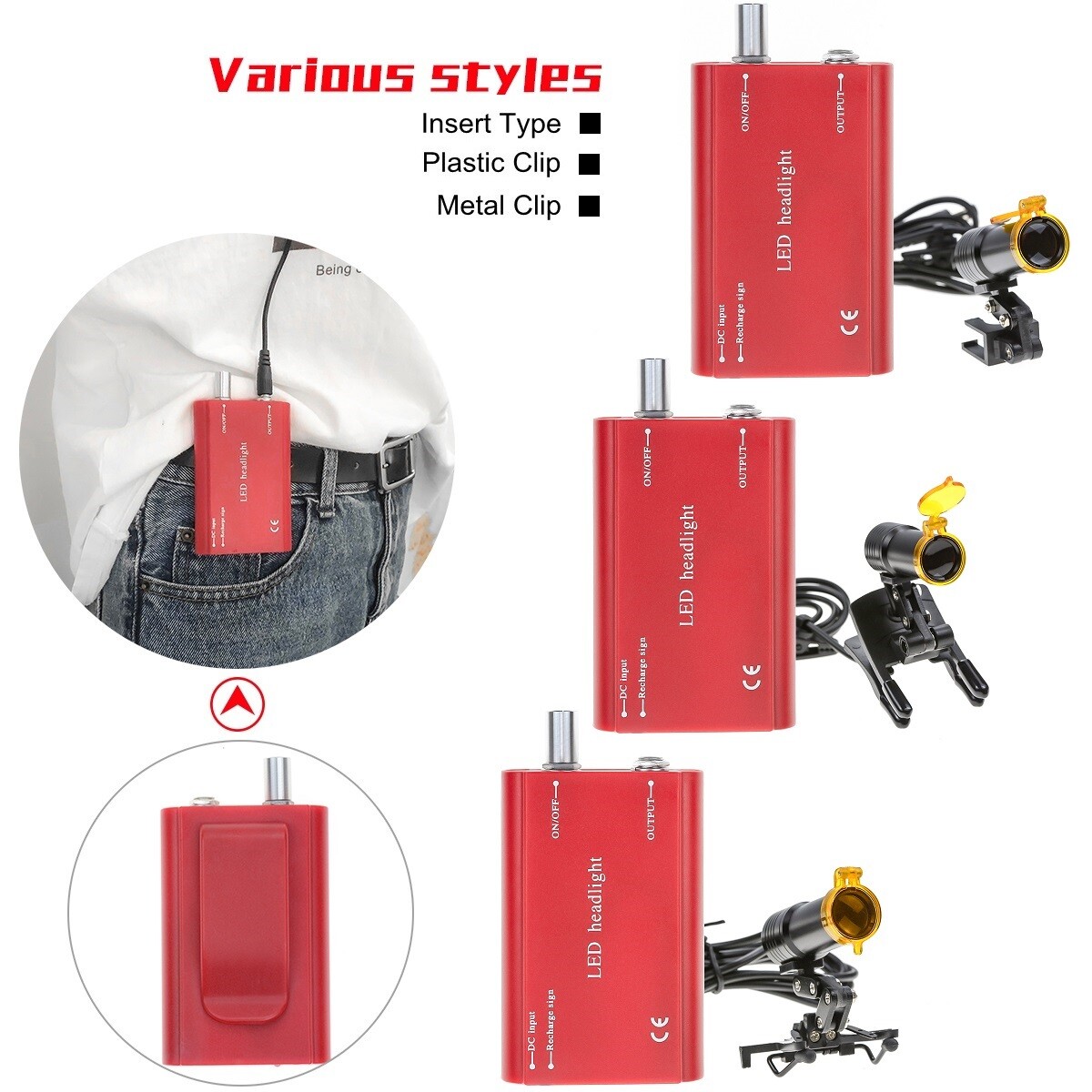 5W Dental LED Headlight Lamp with Filter and Belt-Clip Insert/ Clip-on Type Red