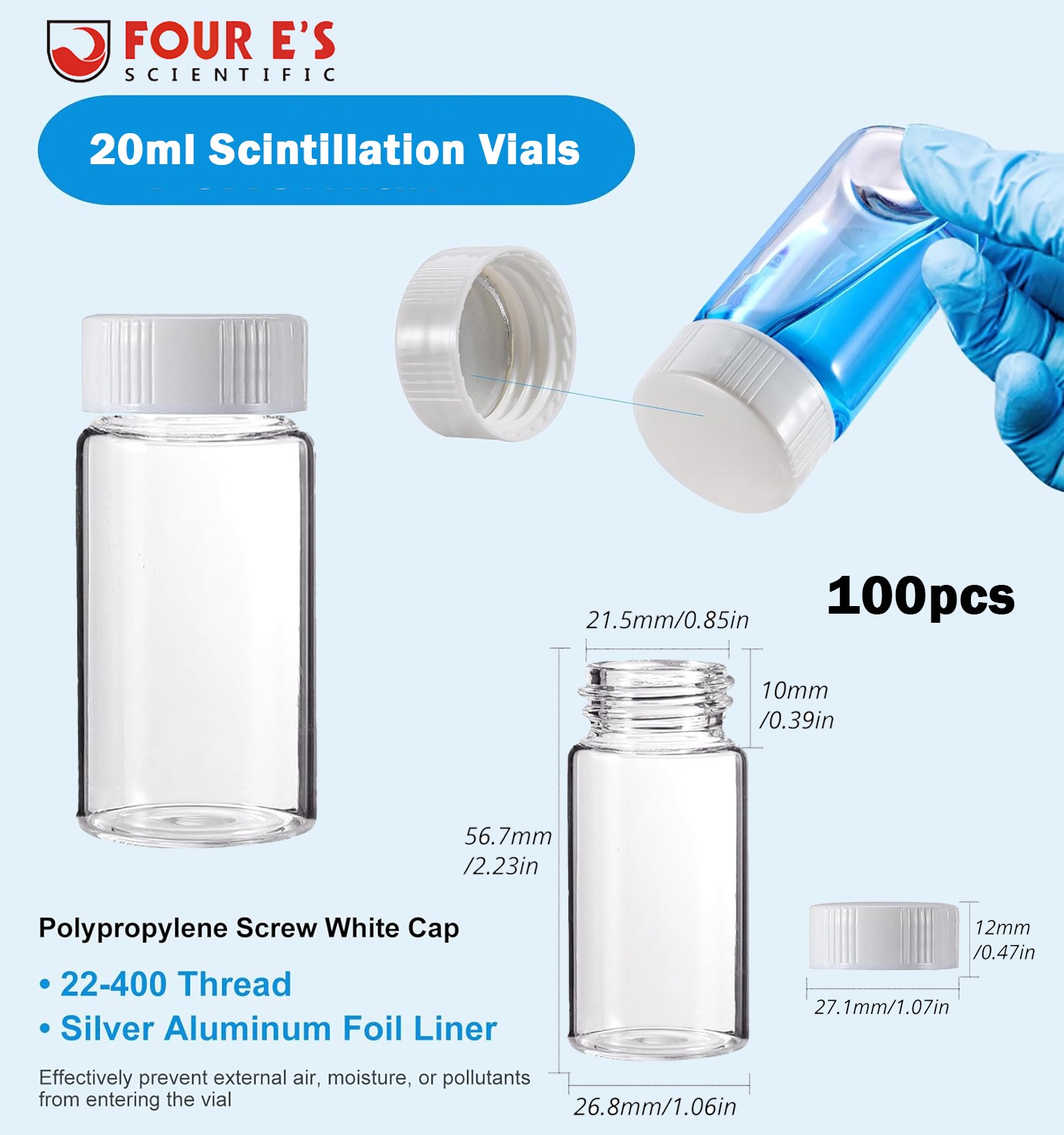 100x 20ml Scintillation Vials Transparent Borosilicate Glass Vials Counting Vial