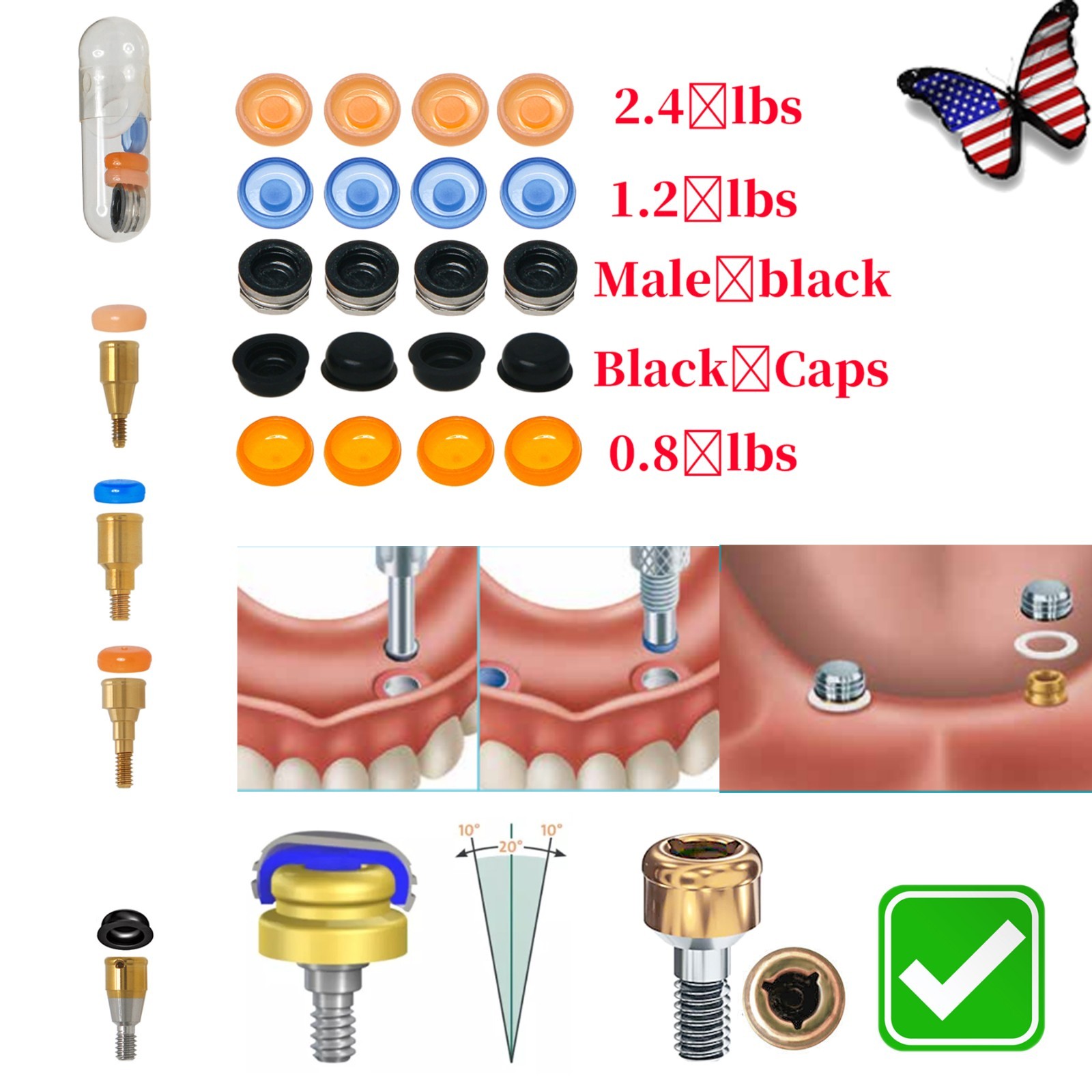 Universal Dental Locator Retention Caps PEEK Male Insert Core Tool Overdenture