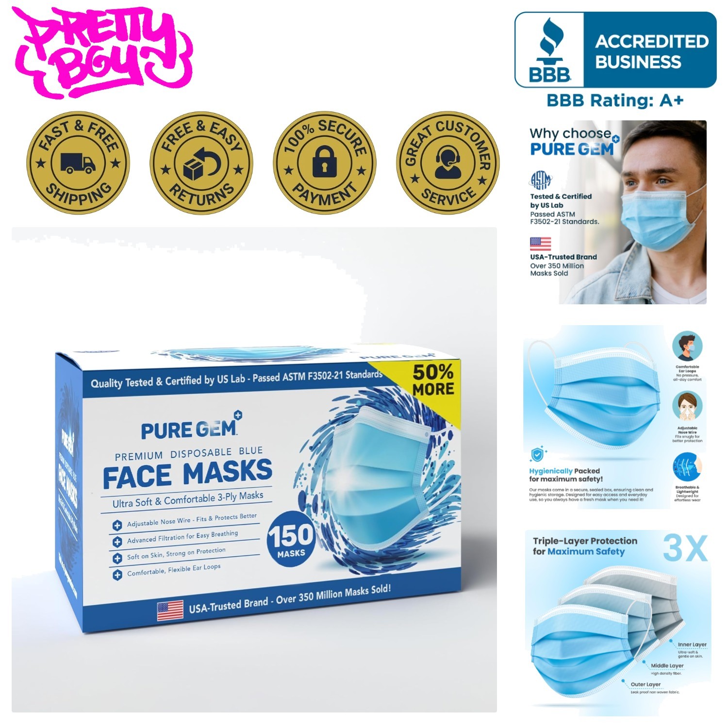 PURE GEM [Pack of 150] Single Use Disposable Blue Face Mask, Soft on Skin, 3-ply