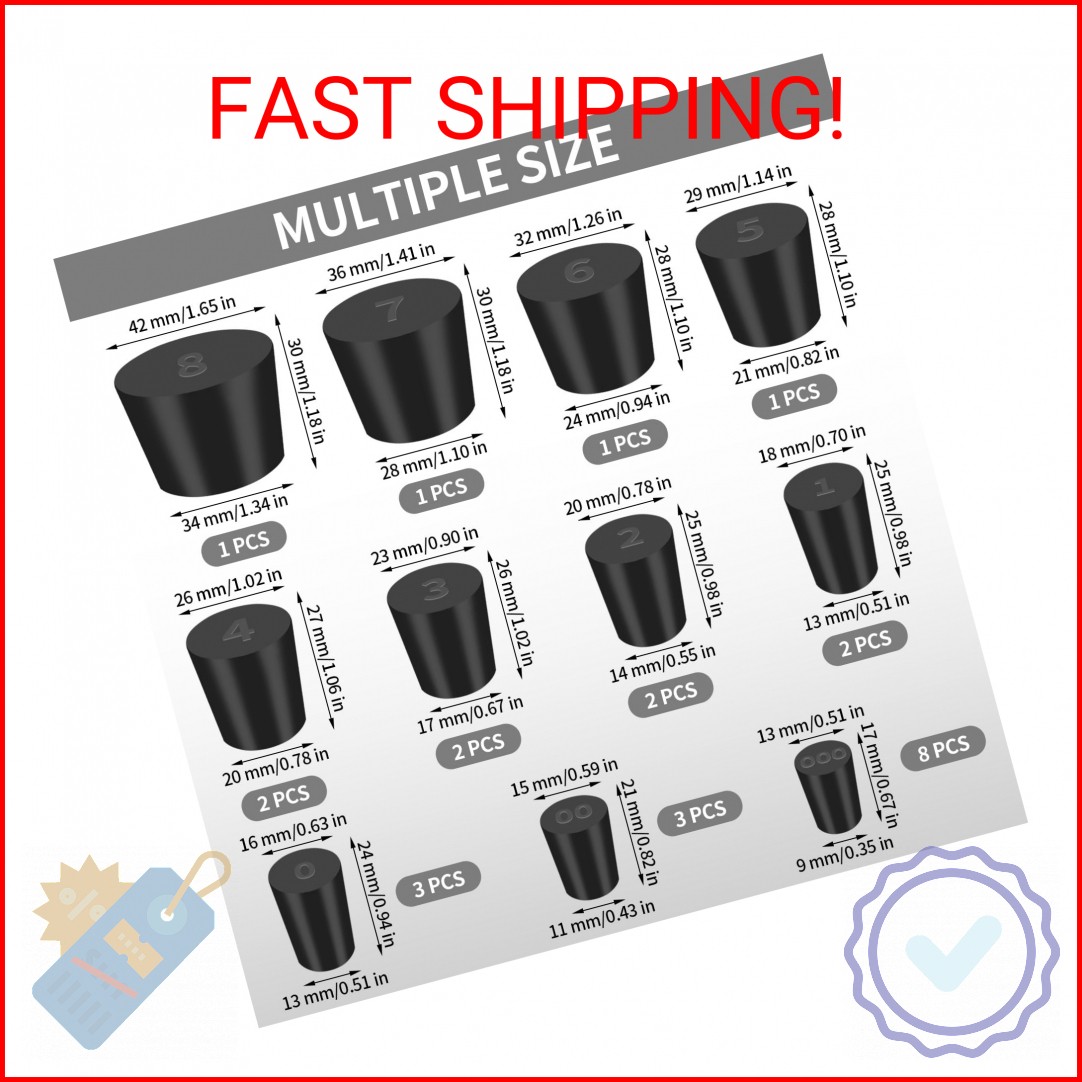 Aleric 26 Pack Solid Rubber Stoppers – 11 Assorted Sizes Stopper Plugs, 000# – 8