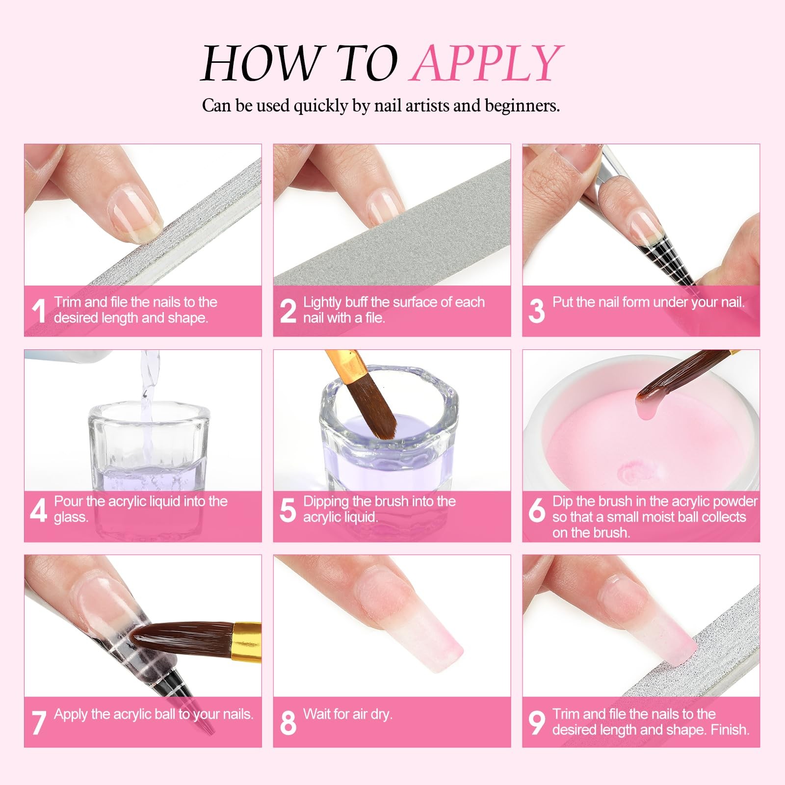 Acrylic Nail Kit for Beginners with Drill U V light, 3pc Acrylic Powder Clear/ P