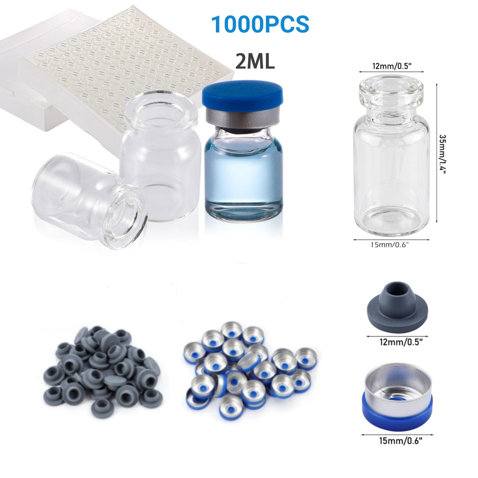 1000PCS 2/3/5/10/mL Glass Vials Headspace Vials Lab Sample Vials with Caps New