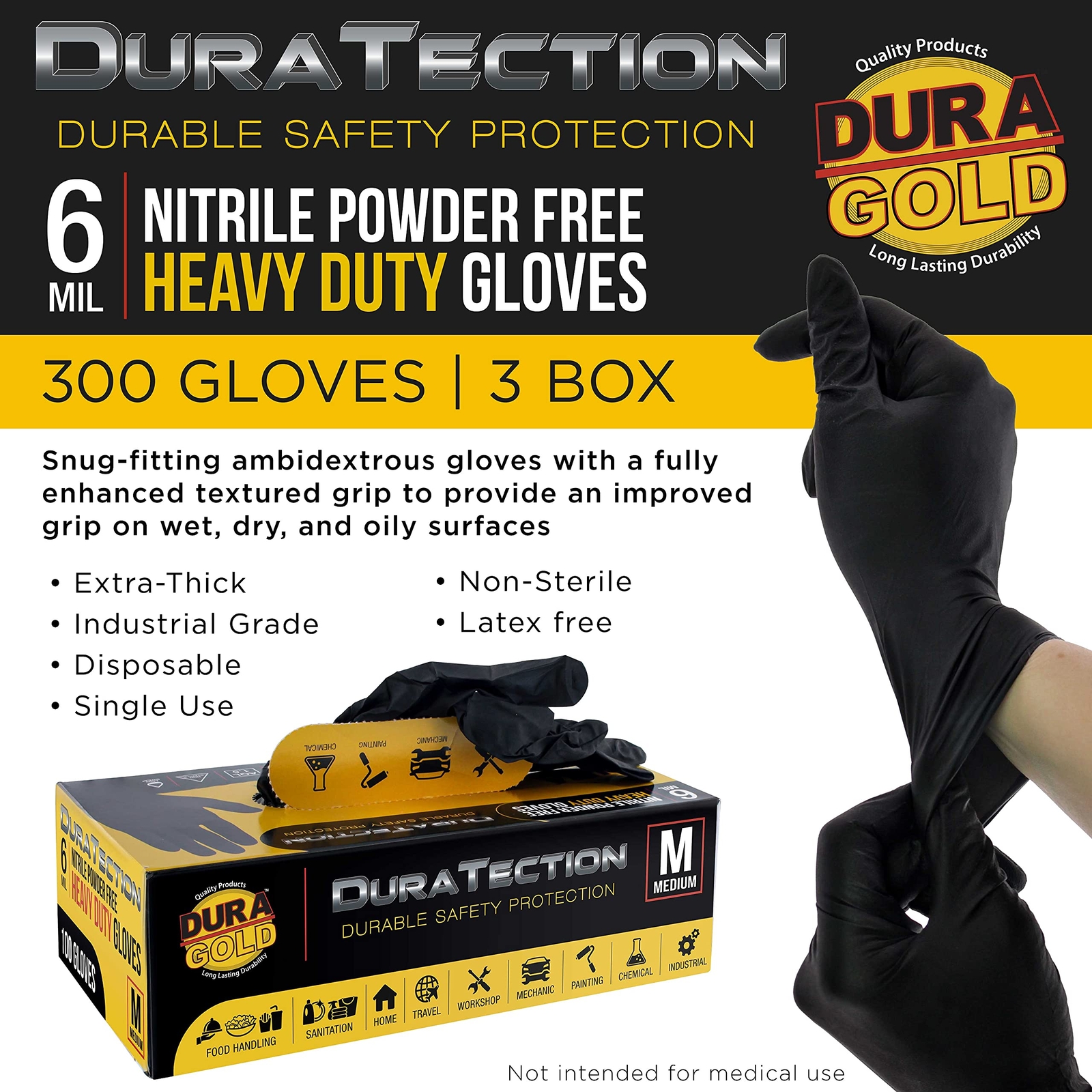 Heavy Duty Black Nitrile Disposable Gloves 6 Mil Latex Free Powder Free Textured