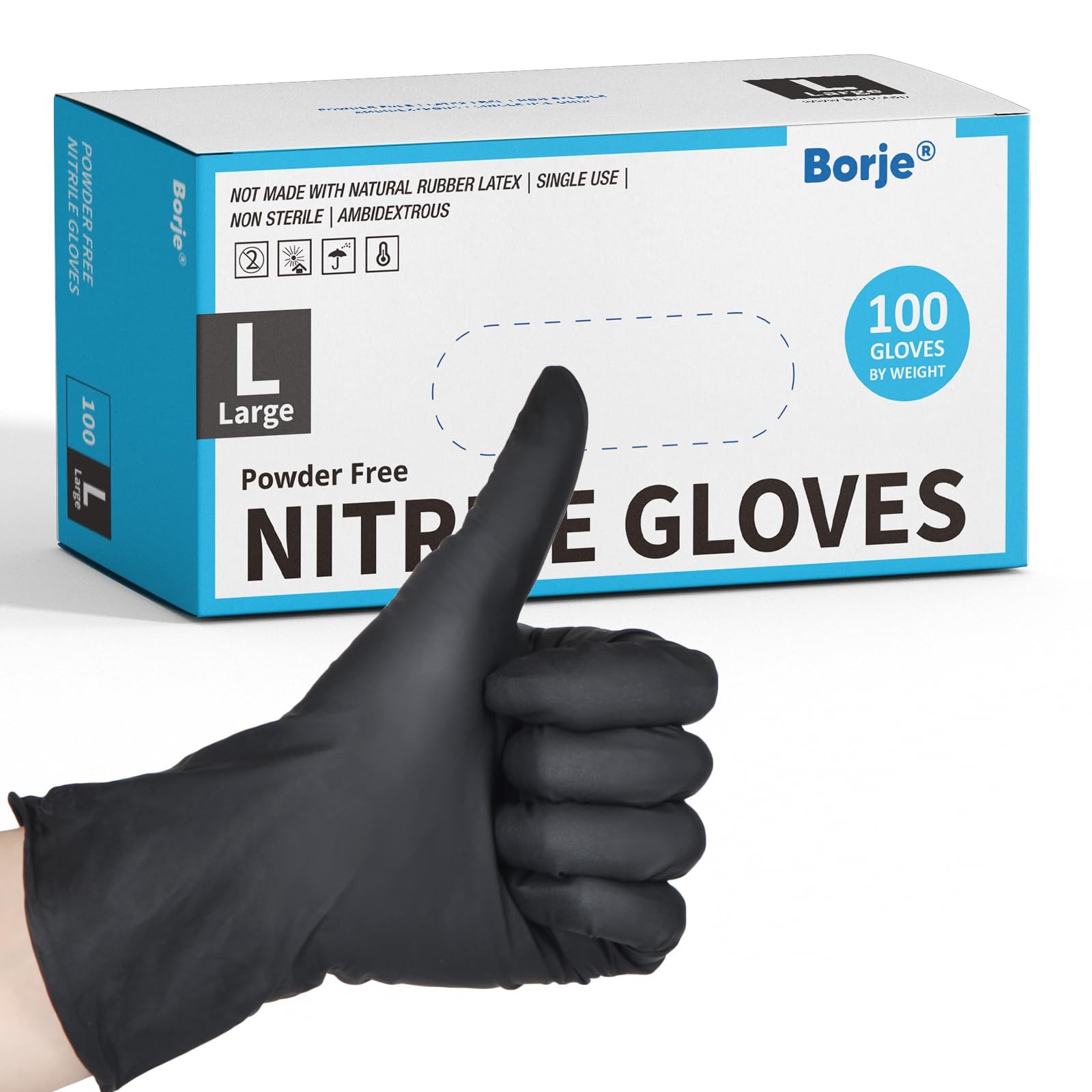Borje Nitrile Gloves Large, 100 Count Disposable Gloves, Black, Large