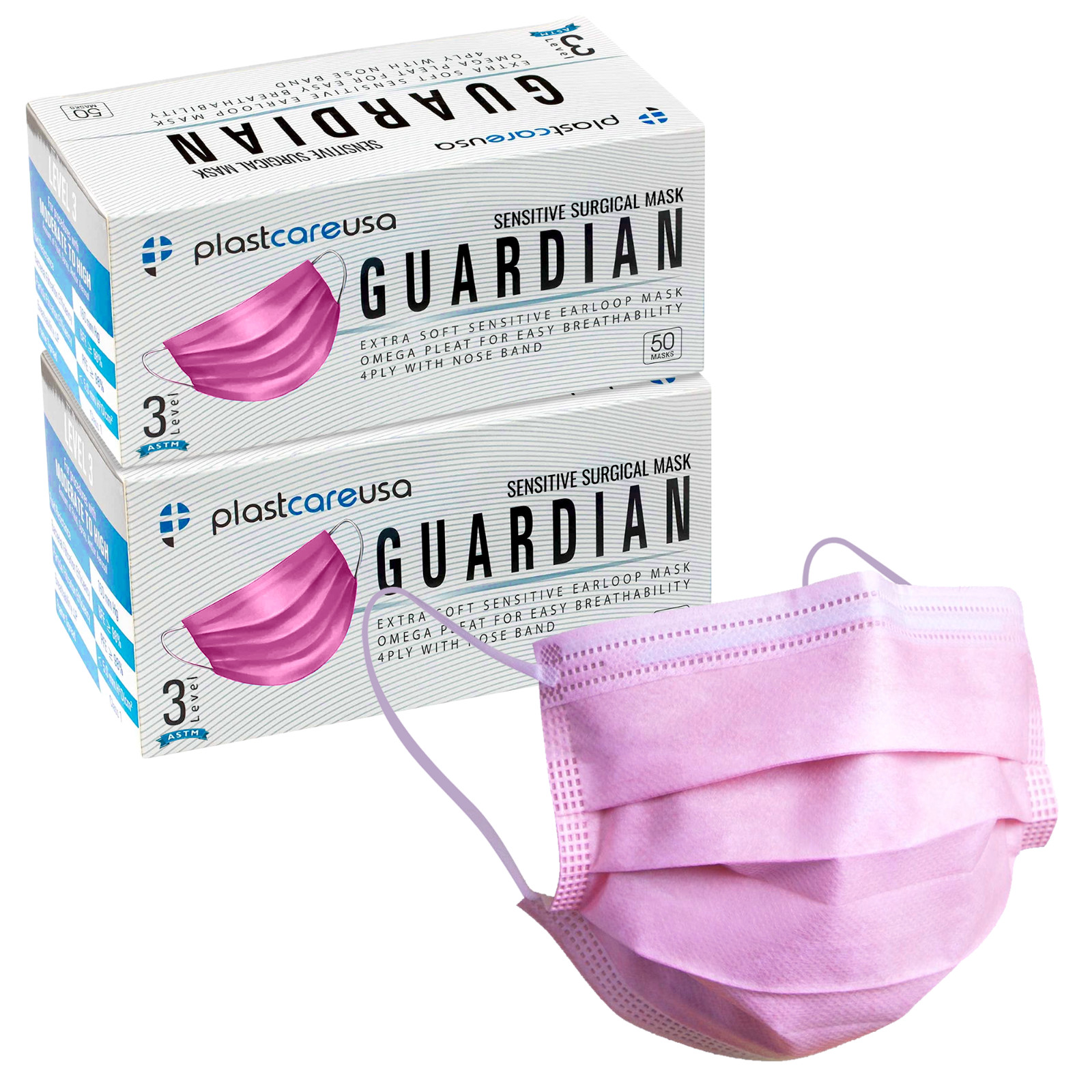 100 Pink Surgical Face Masks, ASTM Level 3 Medical Disposable 4-Ply 2 Box of 50