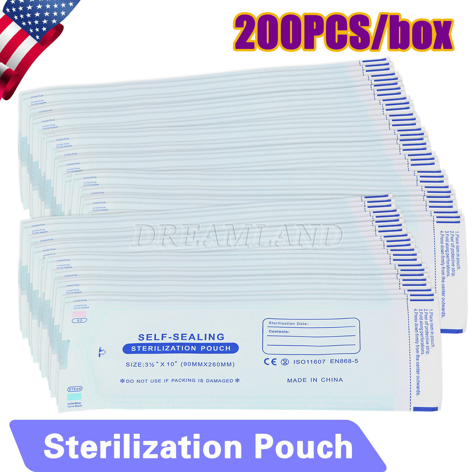 200PCS Self Seal Pouch Sterilization Bag Pouches Dental Medical 3.5″ x 10″