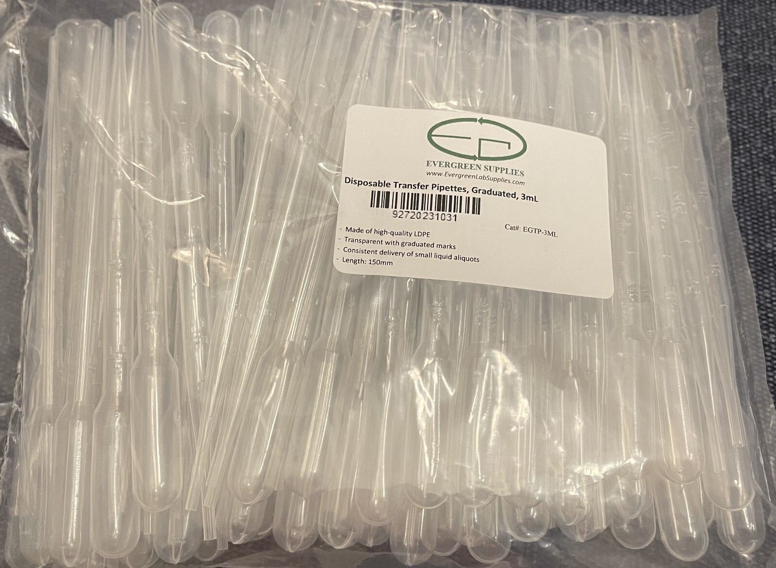 Disposable Pasteur Transfer Pipettes, Plastic, Graduated, 100pcs, 3mL