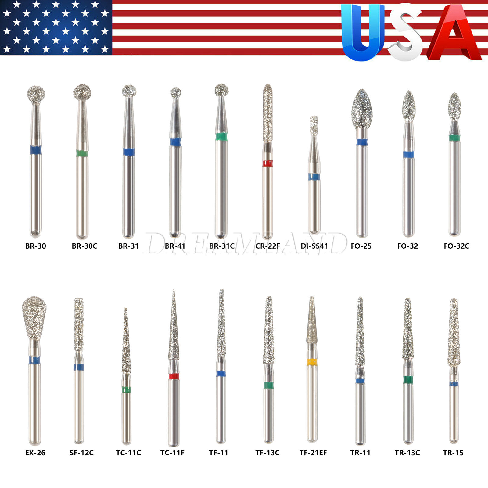 100Pcs Dental Diamond Burs for High Speed Handpiece Medium Friction Grip 20Types