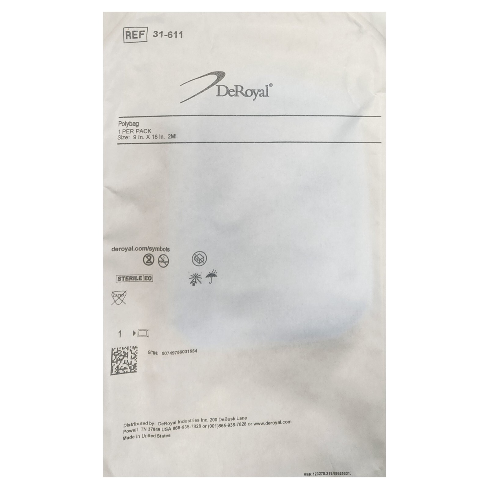 *50-Packs* DeRoyal Surgical Polybag 9″ x 16″ Sterile 31-611