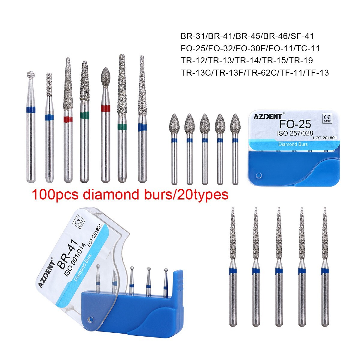 20 Types AZDENT Dental Diamond Burs Kit for High Speed Handpiece Medium FG 1.6MM