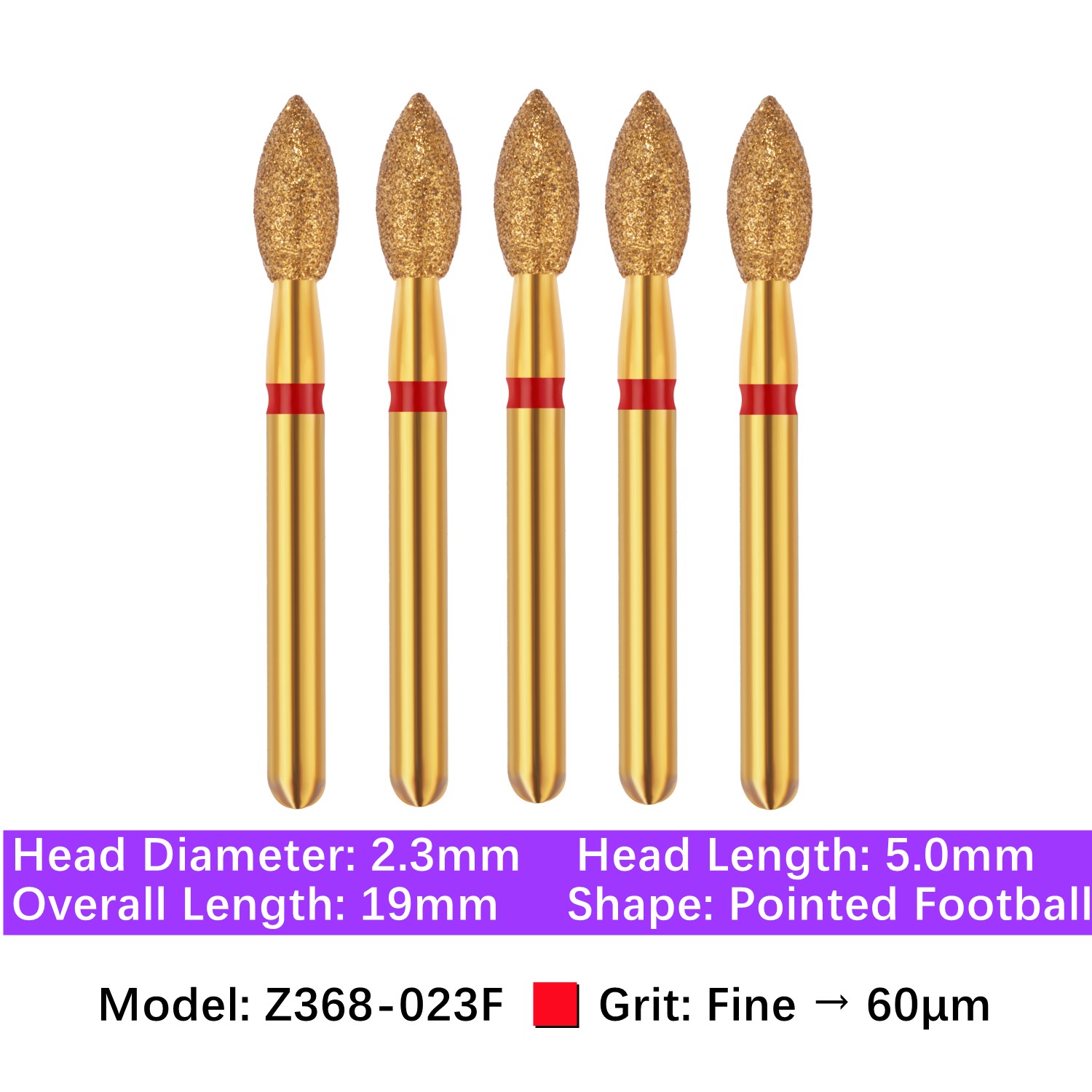 Vakker 5pc Dental Zirconica Diamond Burs Z368-023 Medium Fine Pointed Football