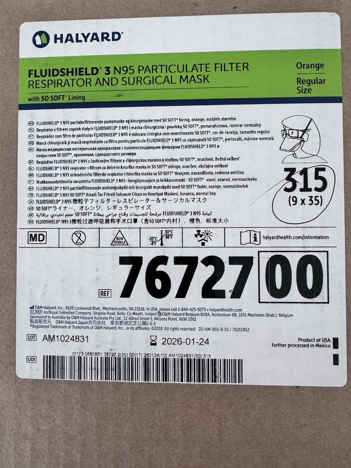 HALYARD FLUIDSHIELD N95 Respirators Mask Level 3 – One Box of 35 units #7672700
