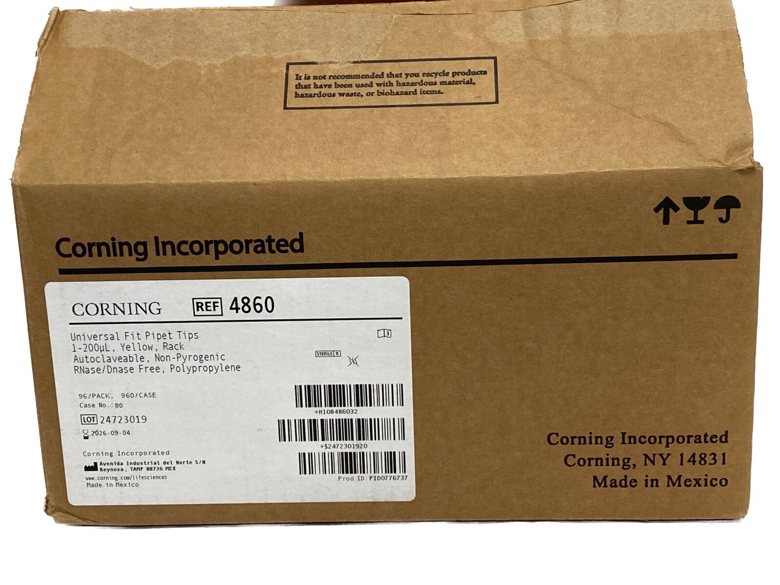 (960/Cs) CORNING 200uL Yellow PP Universal Fit Pipet Tips 10×96/Rk Sterile 4860