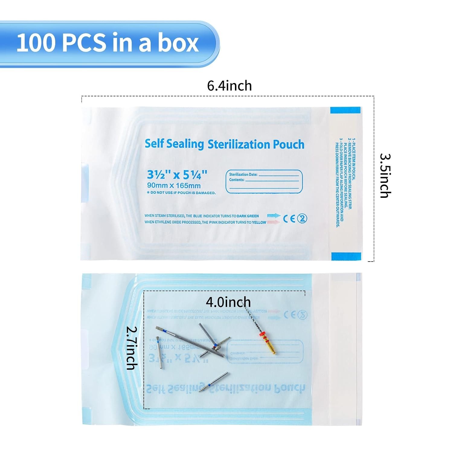 Versatile 3.5 X 6.5 Self-Sterilizing Pouches – 100 Pcs for Dental & Beauty Tools