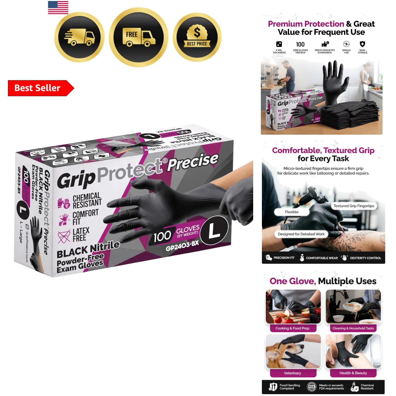 Precise Black Nitrile Gloves 4 Mil – Chemical Resistant Nitrile Gloves with T…