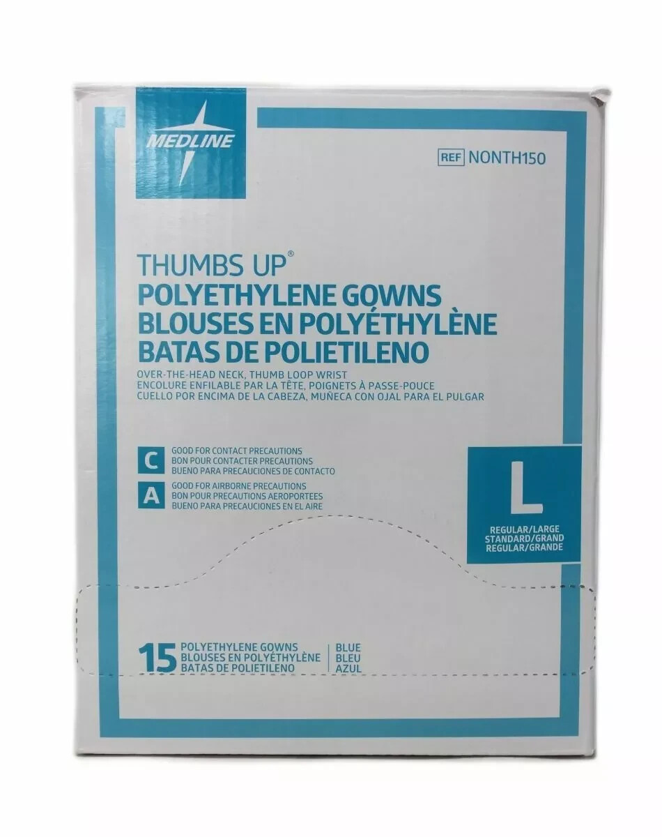 Medline Thumbs Up Standard Polyethylene Gowns Blue Size-L ( 15 Gowns Per Box )