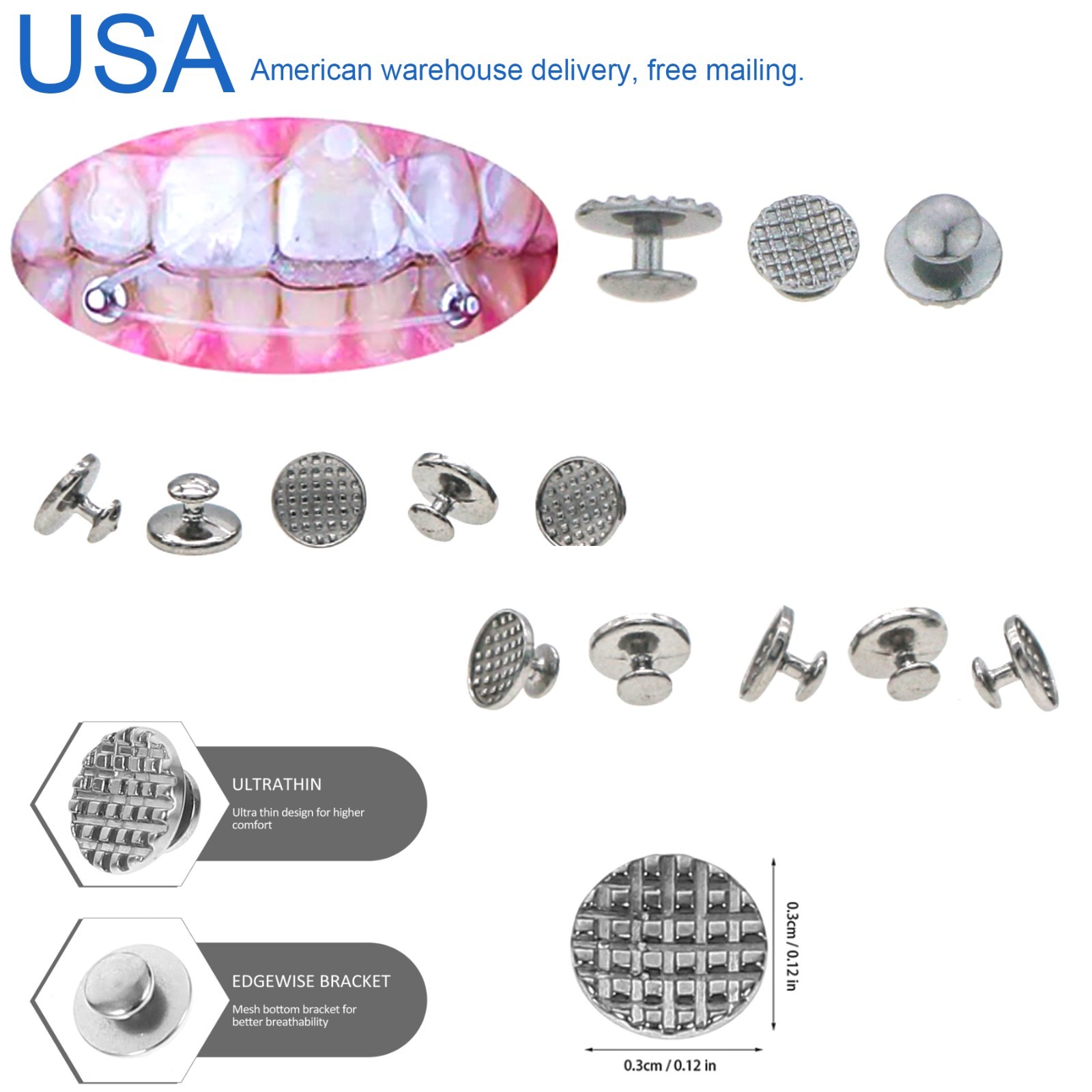 US Dental Ortho Lingual Buttons Bondable Round Mesh Base Metal/Ceramic Composite