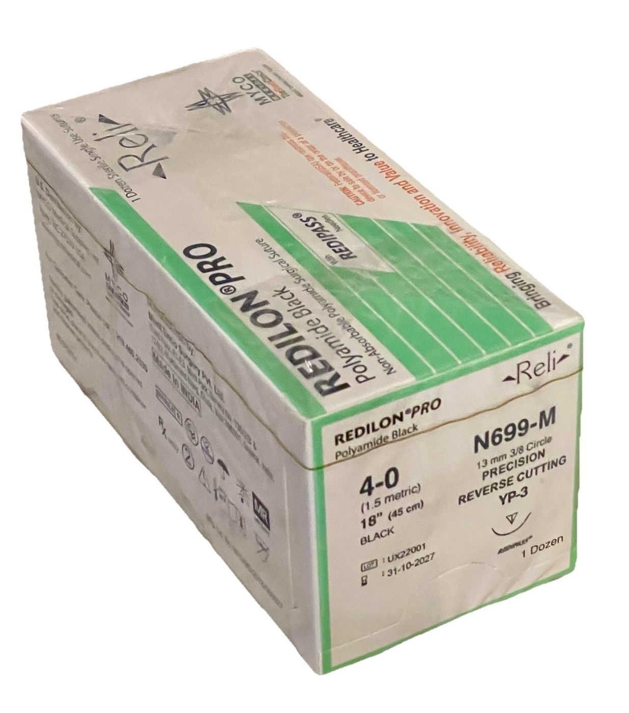 Reli Redilon Pro 4-0 Nylon Suture N699-M 13mm 3/8 Circle PRC YP-3 Exp 2027 12ct