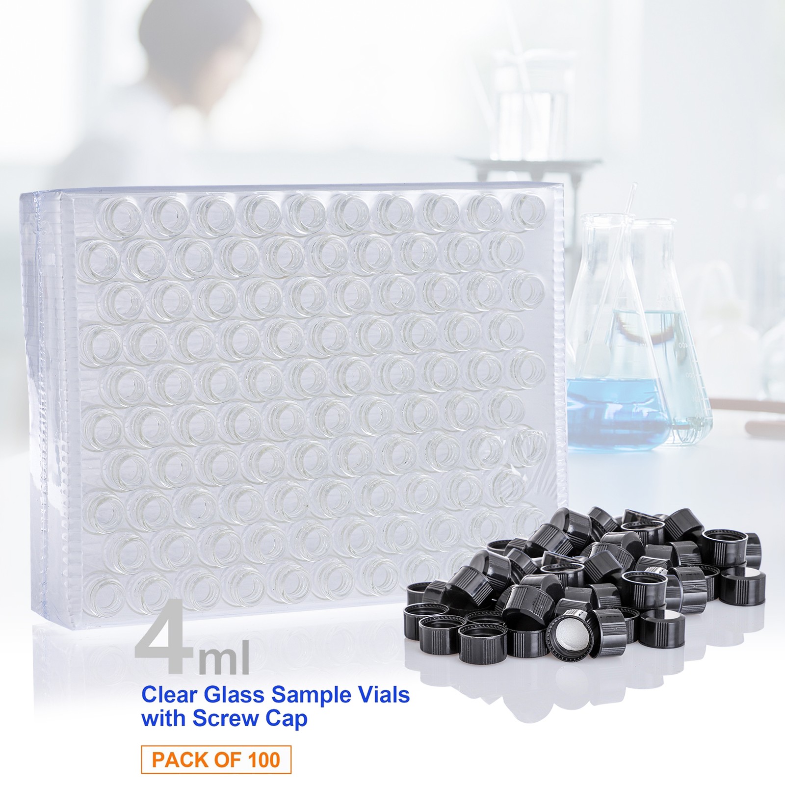 100x 4ml Borosilicate Glass Vials w/ Screw Caps Clear Liquid Sample Vial Bottles