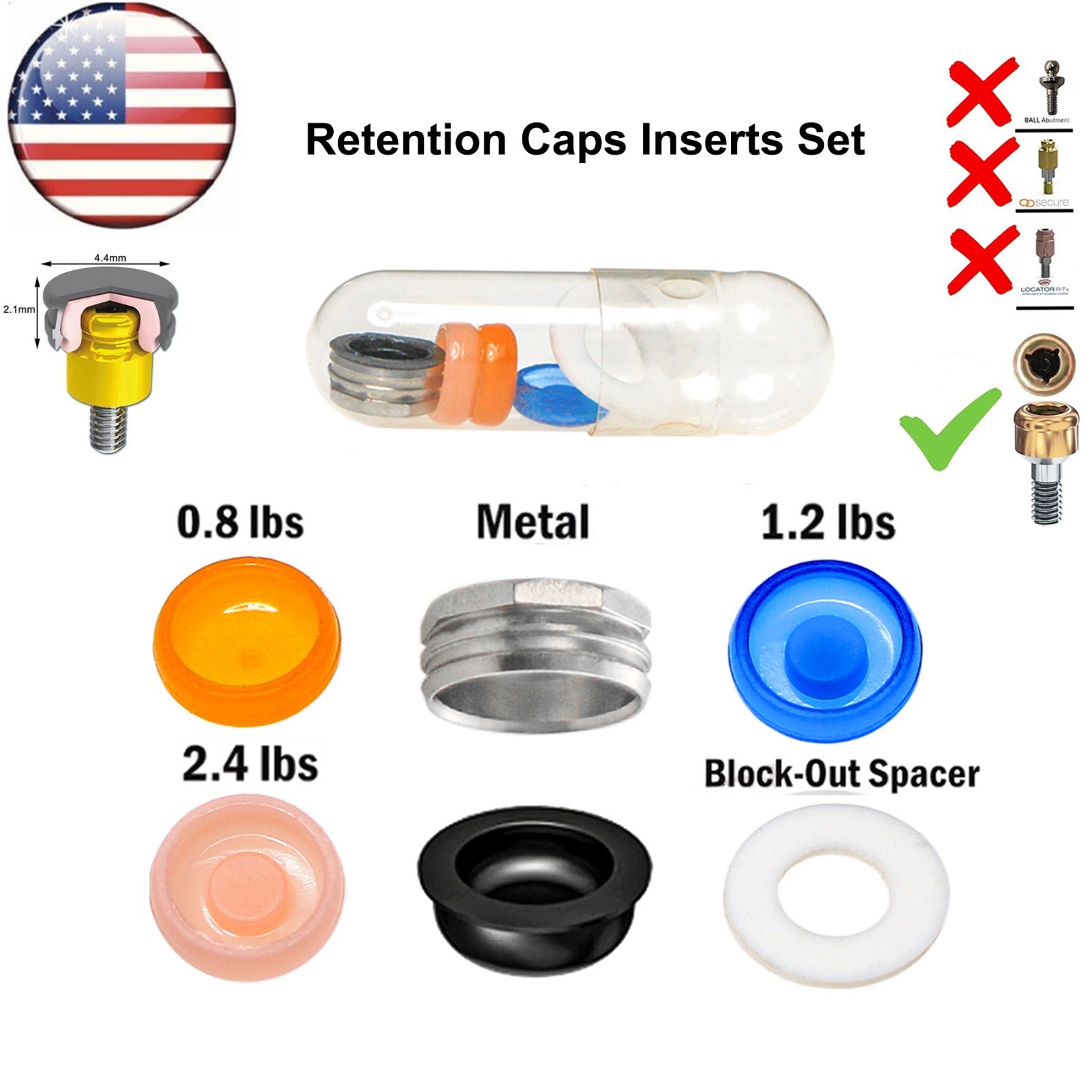US Dental Overdenture Locator Core Tool Strong Retention Caps 1.2/2.4lbs Inserts