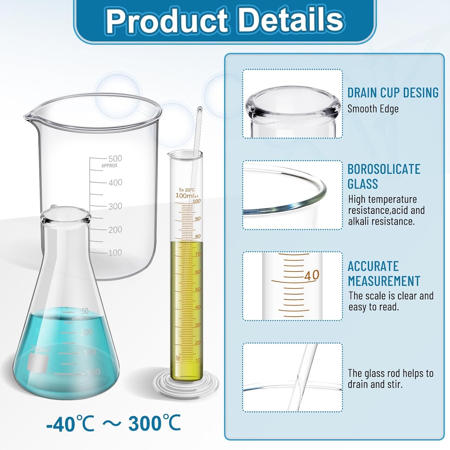 14Pcs Measuring Beaker Glass Lab Flask 50/100/250ml Graduated Cylinder US New
