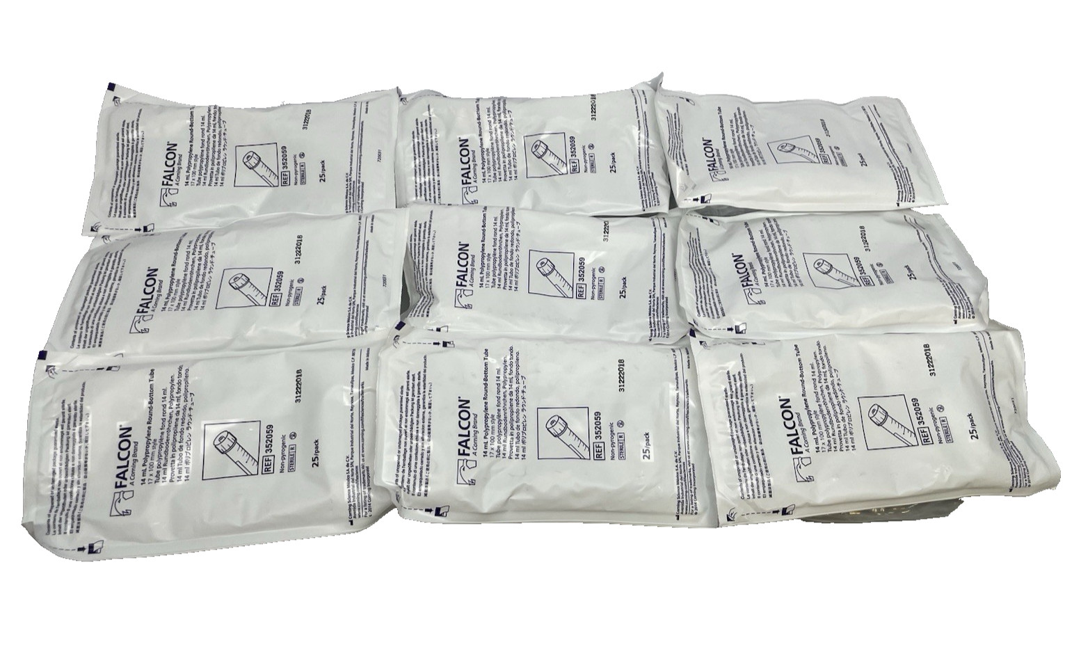 (225) Falcon Corning Round-Bottom Tubes 14mL 17x100mm Certified Sterile 352059