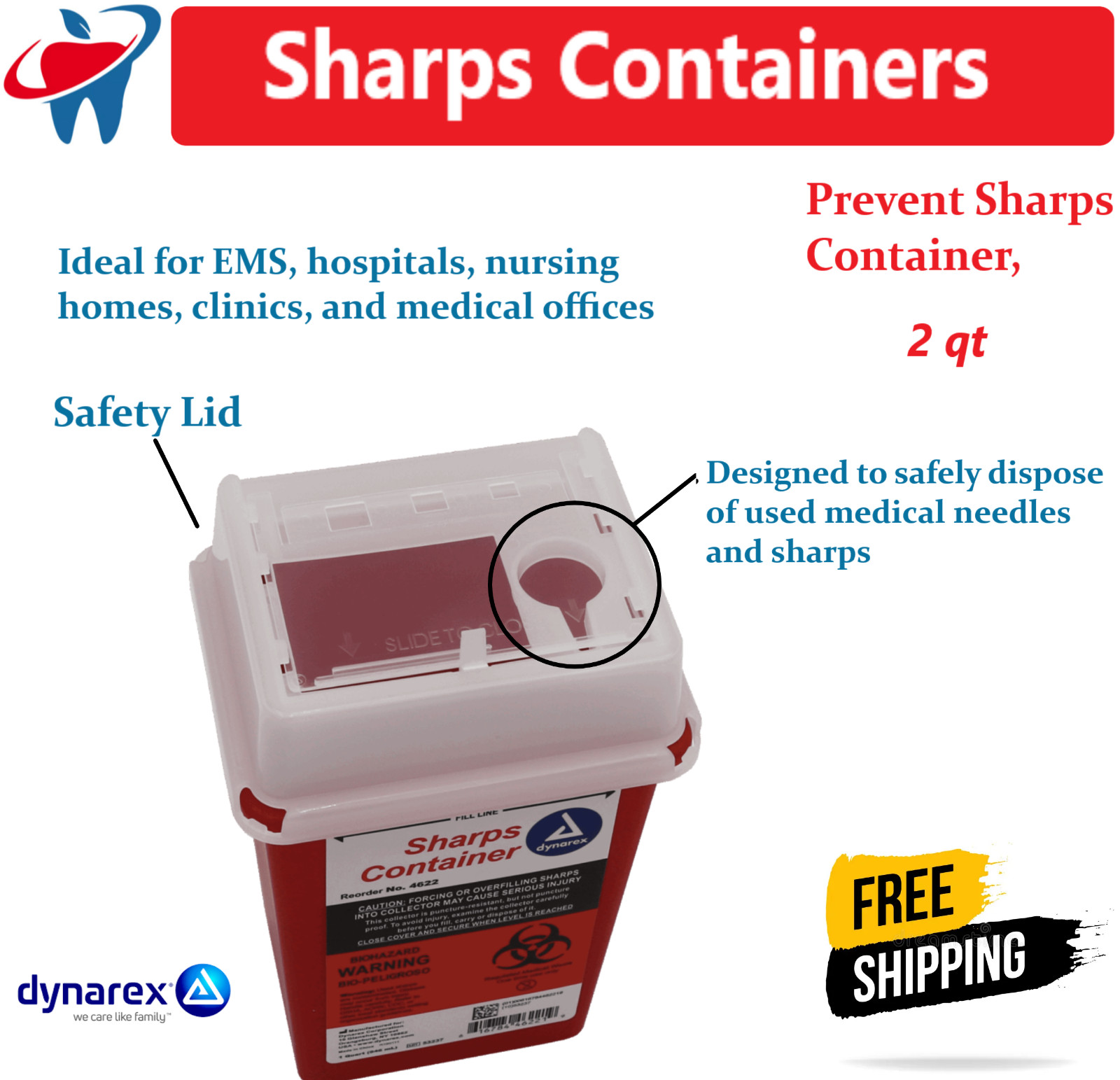 2 Quart Sharps Container Biohazard Needle Disposal Tattoo – SHIPS FREE! Dynarex