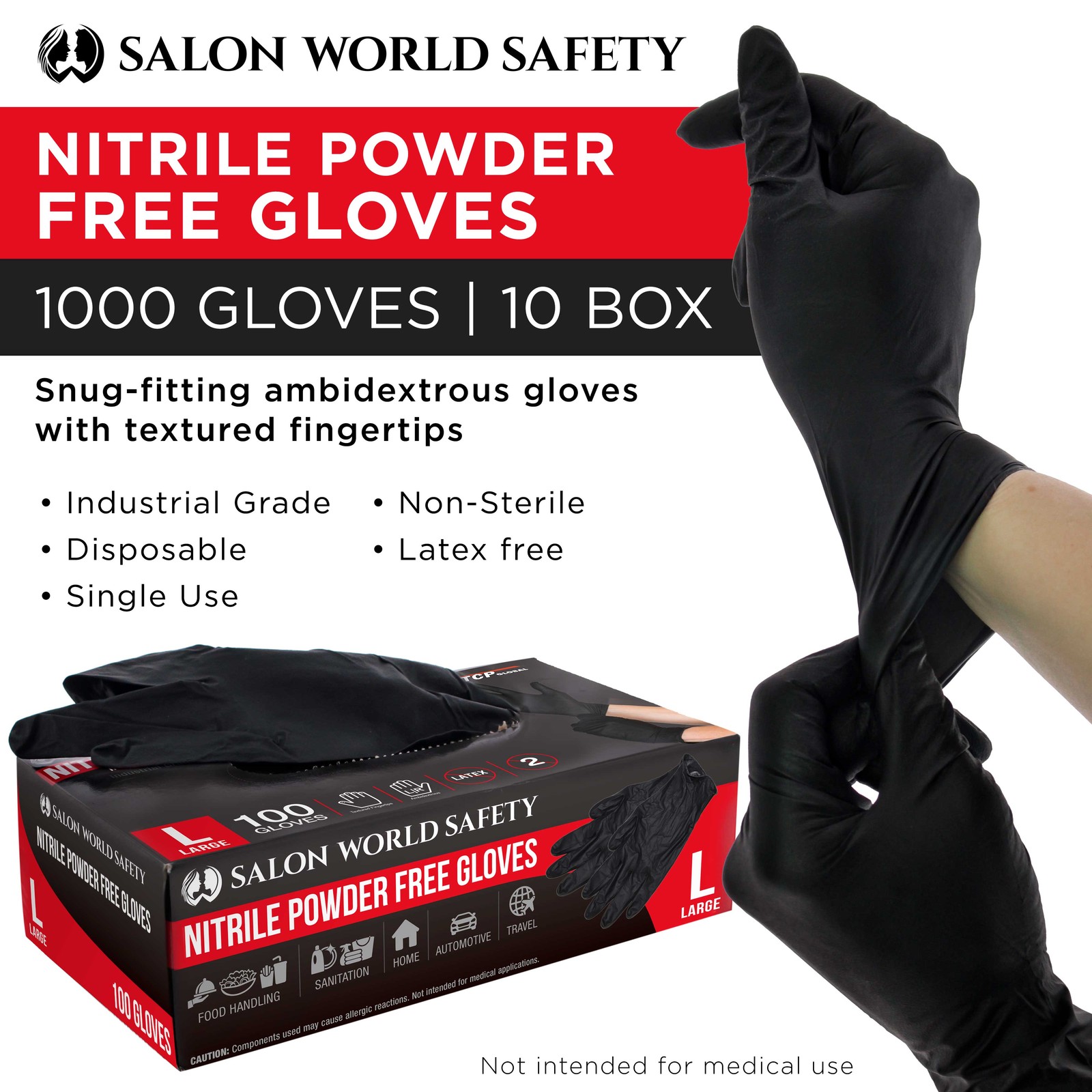 Black Nitrile Disposable Gloves, 10 Boxes of 100, Large, 4 Mil Thick -Latex Free