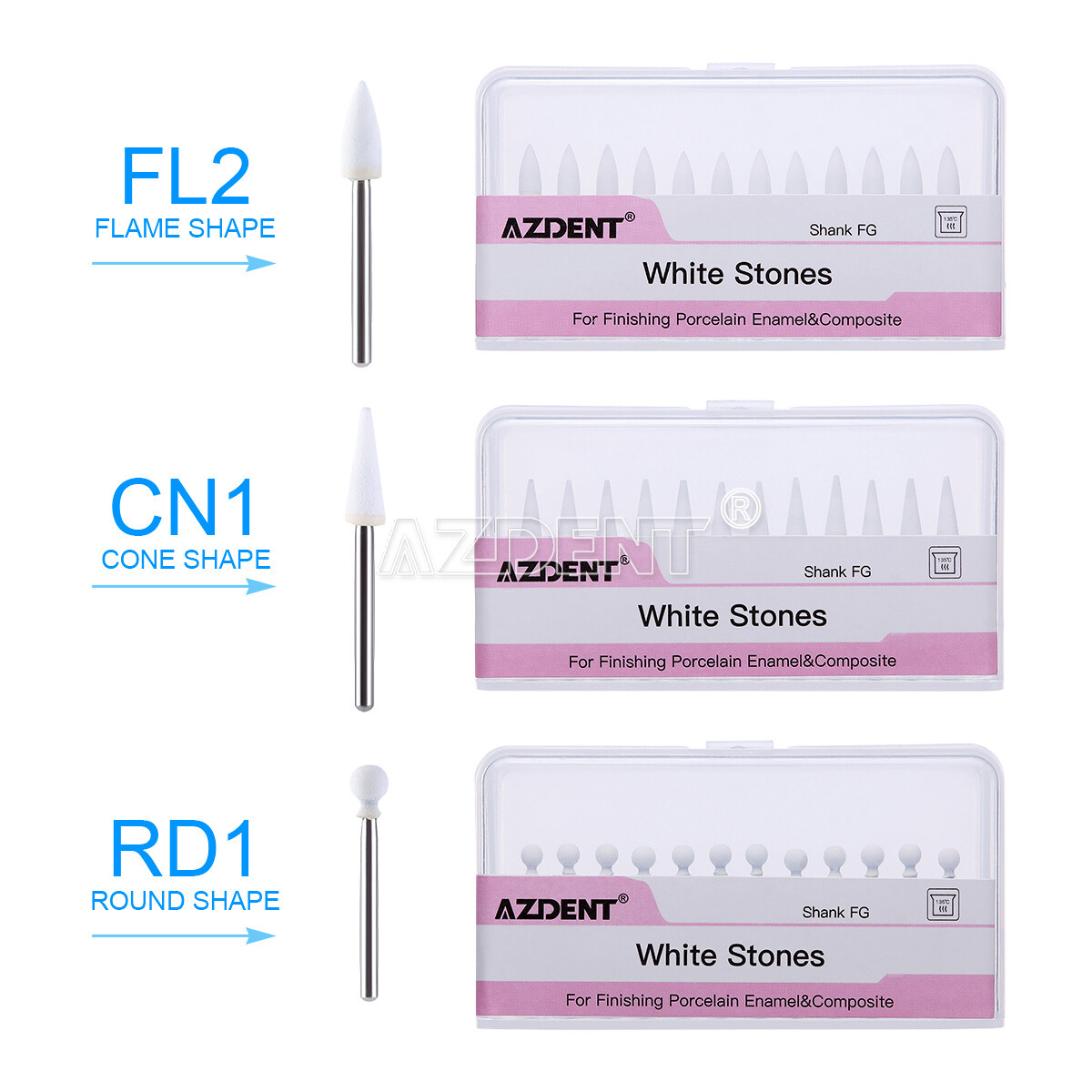 AZDENT Dental Flame/Cone/Round White Stone Polishing FG Burs Aluminum Oxide Bur
