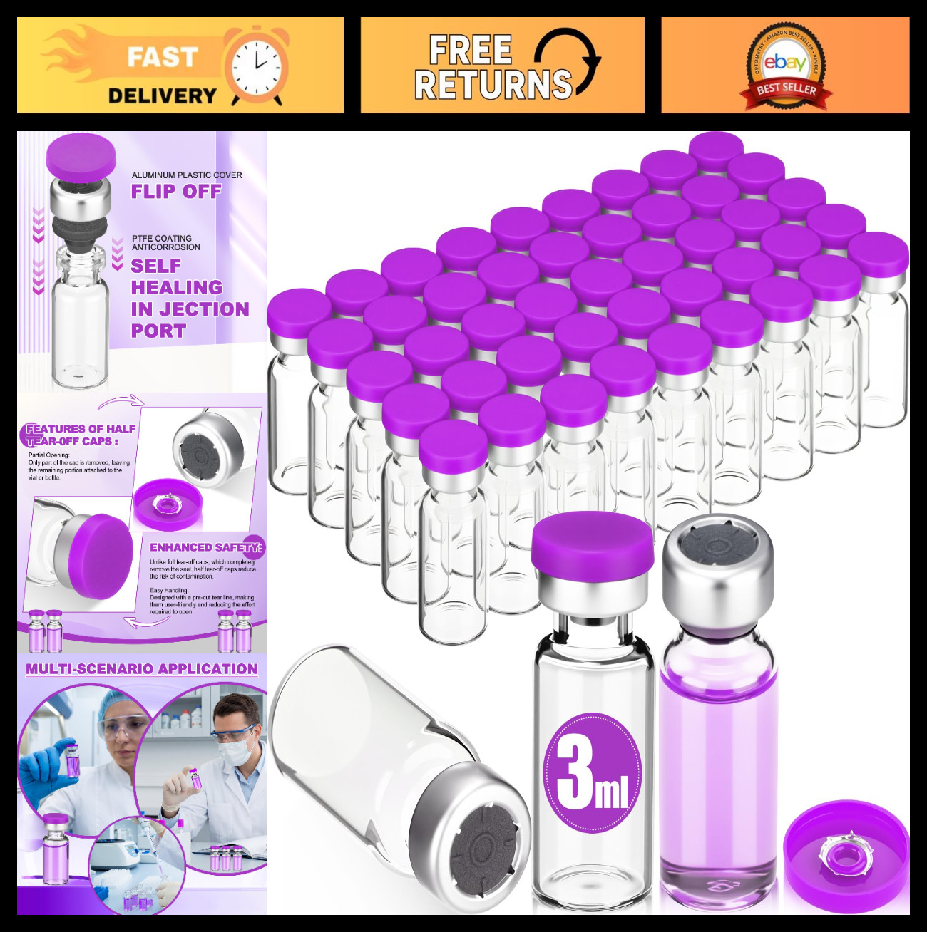 50 Pcs 3ml Clear Glass Vials with Self Healing Port & Flip Cap – Sterile Lab Sup