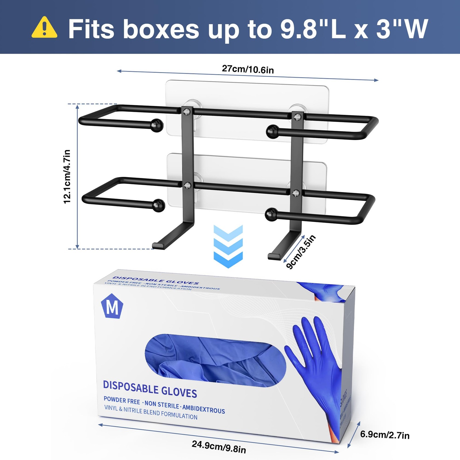 Glove Box Holder, Adhesive Wall-Mounted Metal Dispenser, Tool-Free black