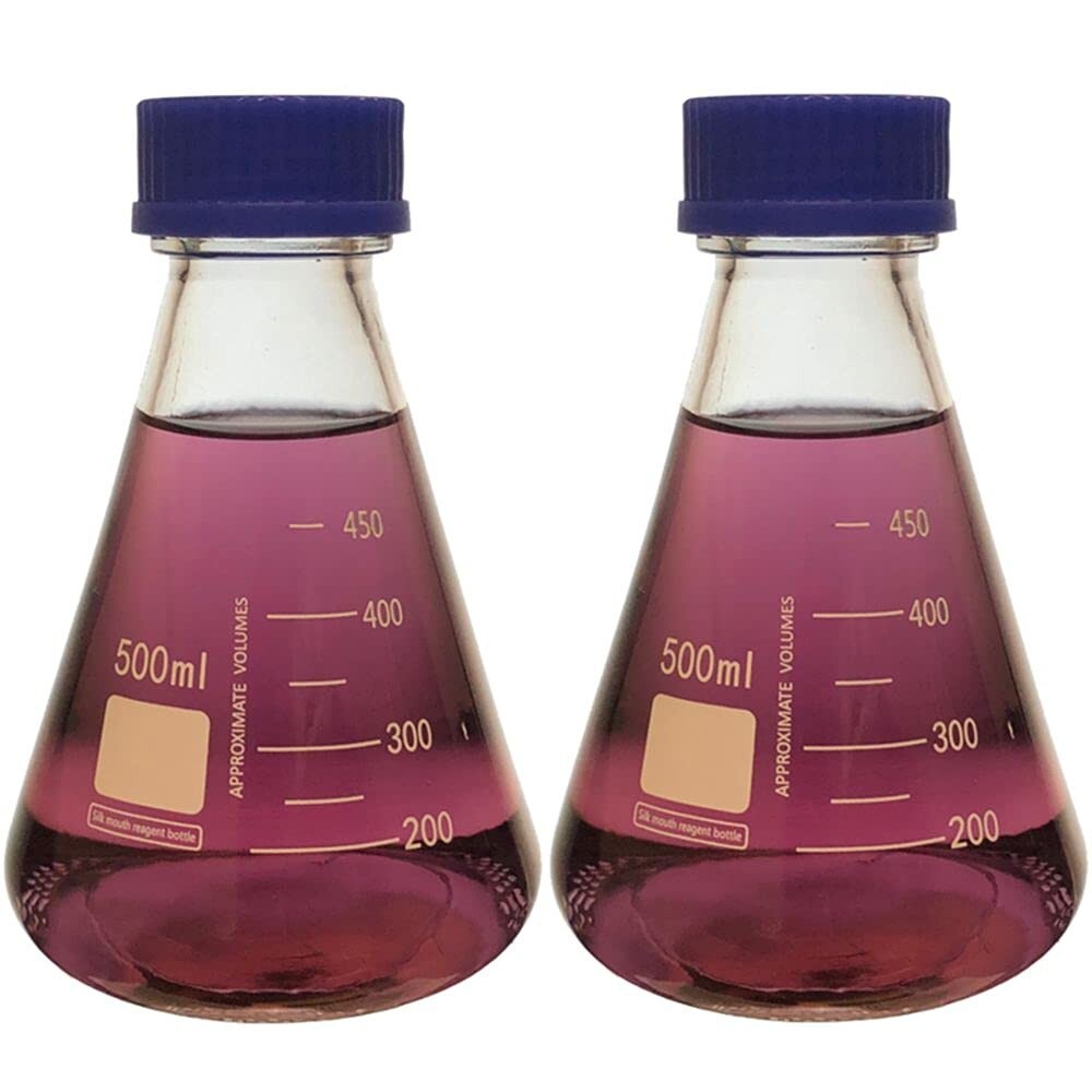 500ml Erlenmeyer Flask with Blue Screw Cap, Boro Glass, Graduated (Pack of 2)
