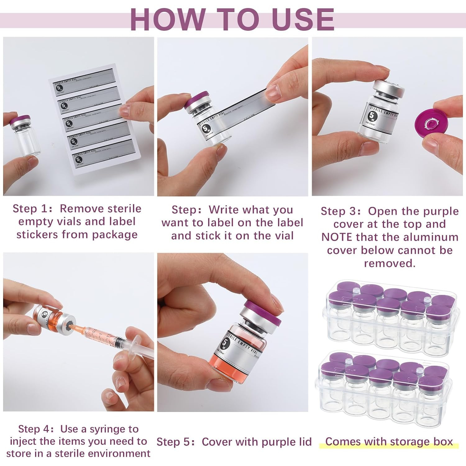 20 Pcs 5Ml Sealed Sterile Empty Vials with Self Healing Injection Purple